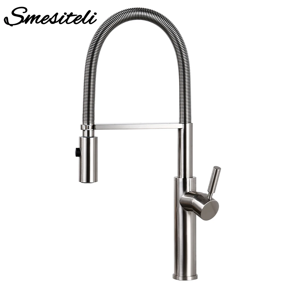 Kitchen Faucet Pull Down Hot And Cold Sink Tap Single Hole Handle Deck Mount Mixer Water Sprayer Smesiteli Brass Nickel Brushed