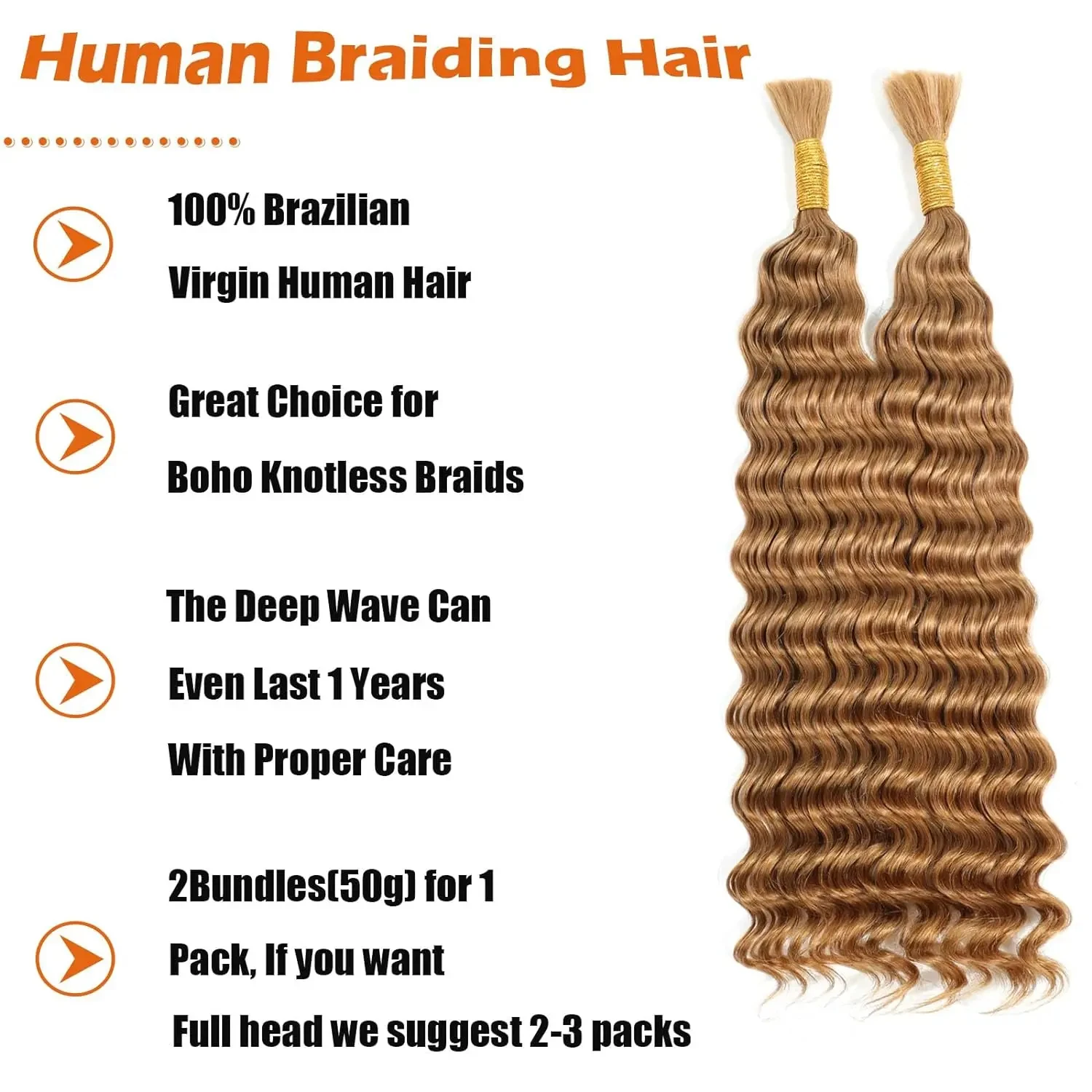 Ginger Orange Deep Wave Bulk 26 28Inches Human Hair For Braiding No Weft 100% Virgin Hair Curly Extensions For Women Boho Braids