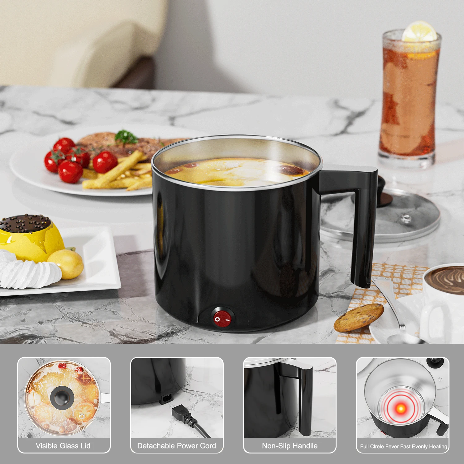 Electric Hot Pot:1.5 L Ramen Cooker, Portable Multi-Functional Pot for Pasta, Noodles, Non-Stick Noodle Cooker for Dorm 3
