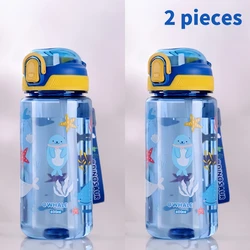 Dinosaur Adventure Kids Water Bottle with Silicone Straw - 600ml Leakproof Design - 0.6L (2 pieces Blue)
