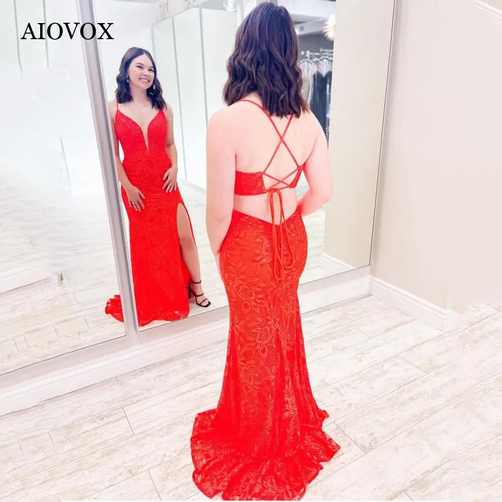

AIOVOX Sexy Lace Appliques Prom Dresses Split Lace-Up Back Party Gown Sleeveless V-Neck Floor-Length Simple Vestido De Gala
