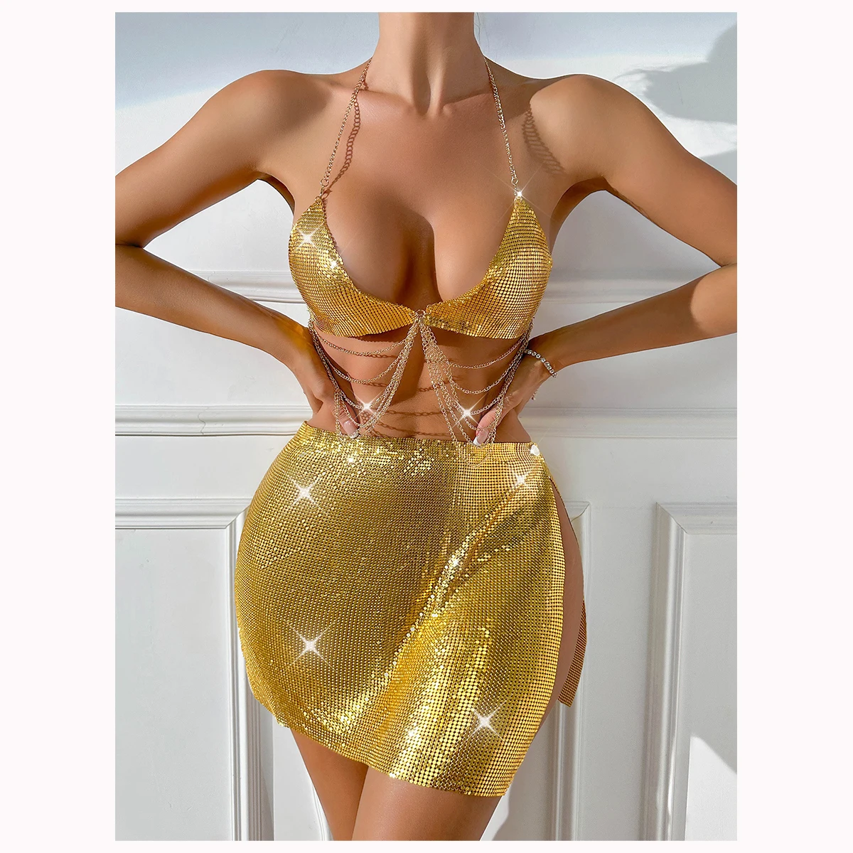 Sexy Women Y2k Glitter Metallic Bra Crop Top and Skirt Set