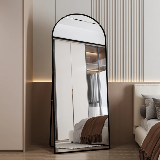 Specchio a tutta massa 180x80cm, specchio curvo con telaio in lega di alluminio nero e vetro rinforzato, con ganci, specchio da pavimento grande HD 2