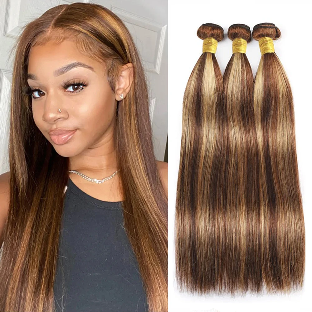 Straight Human Hair Bundles P4/27 Color Brazilian Real Human Hair Extentions Double Wefts Remy Bundles 22 24 26 For Women