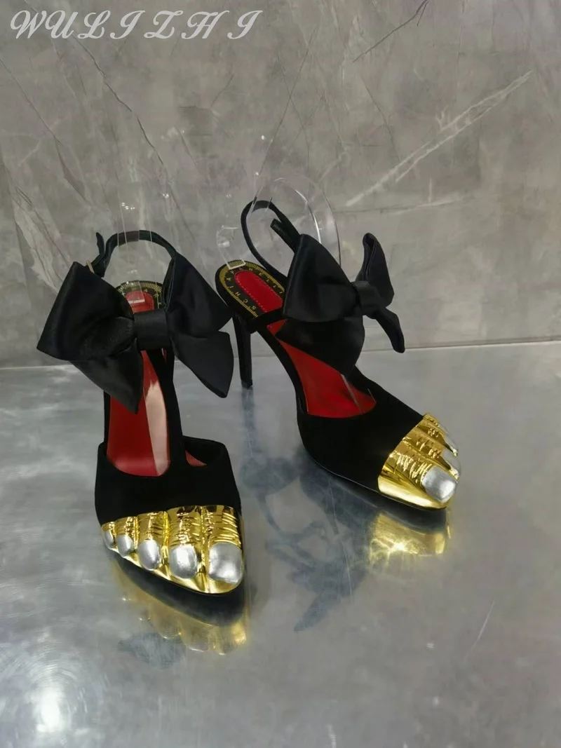 Gold Toe Five Finger High Heels 2024 Women Fashion Stiletto Metal Slippers Dress Shoes Sheep Suede Elegant Sandals Summer