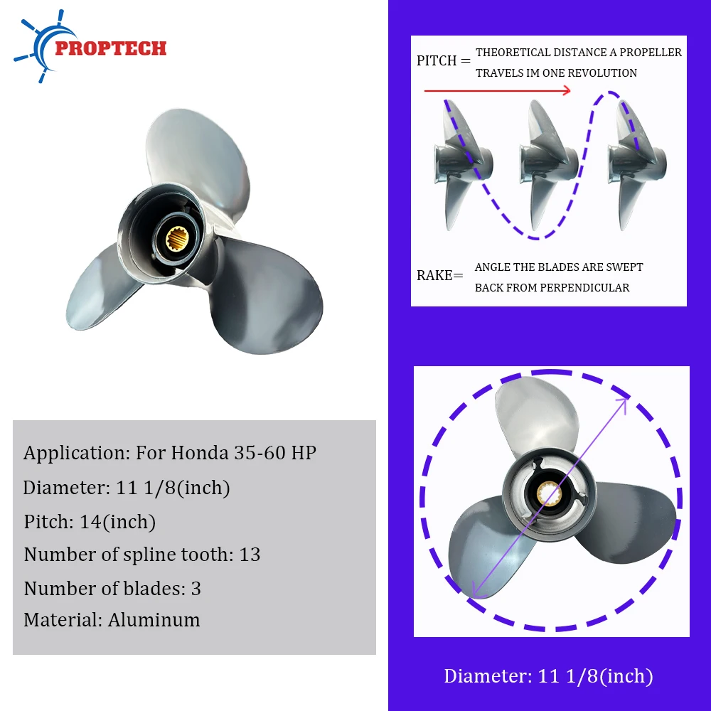 11 1/8*14 Aluminum Alloy Screw 3 Blade Marine Engine Parts For Honda Outboard Propeller 35hp 40hp 45hp 50hp 60hp Boat Motor