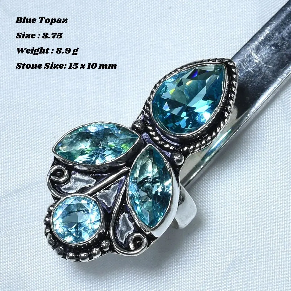Genuino Pietra Di Luna Topazio Blu Rubino Lapislazzuli Smeraldo Citrino Ossidiana Anello Argento Sovrapposto Rame