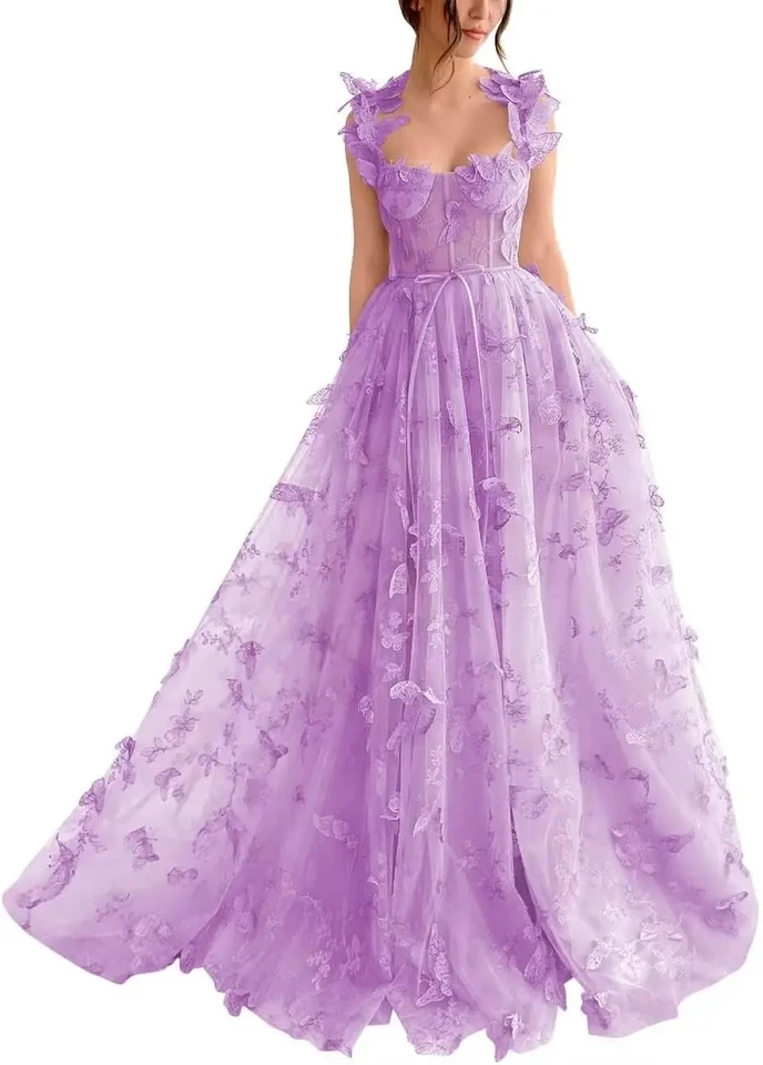 QFMYYXGS 3D Butterfly Prom Dress 2024 - Long Lace Tulle Ball Gown With Slit & Spaghetti Straps