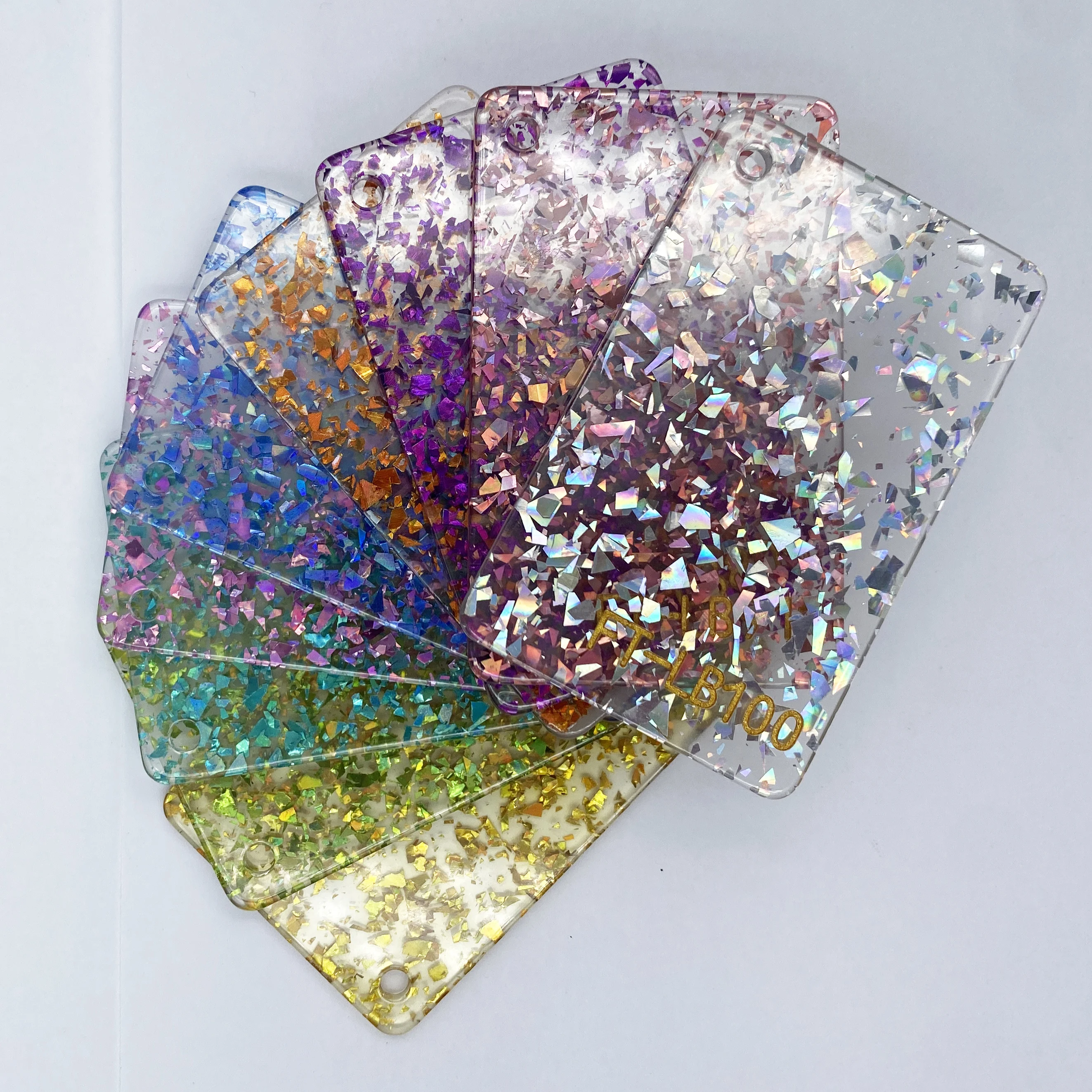 

3MM Thick 2 Pieces Transparent Sequin Glitter Powder Acrylic Sheet / Irregular Color Laser PMMA / Gold / Pink/ Blue Plexiglass