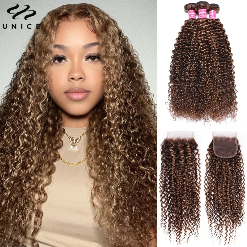 UNice Hair Highlight Blonde Curly Hair 2/3/4 Bundles With Closure