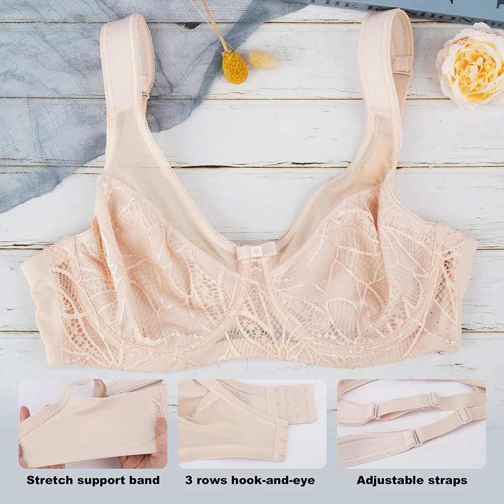 Sheroine Plus Size Underwire Bra Lace Floral Minimizer Full Coverage Unpadded Bra with Push-Up Support Breathable for Daily Wear - Image 6