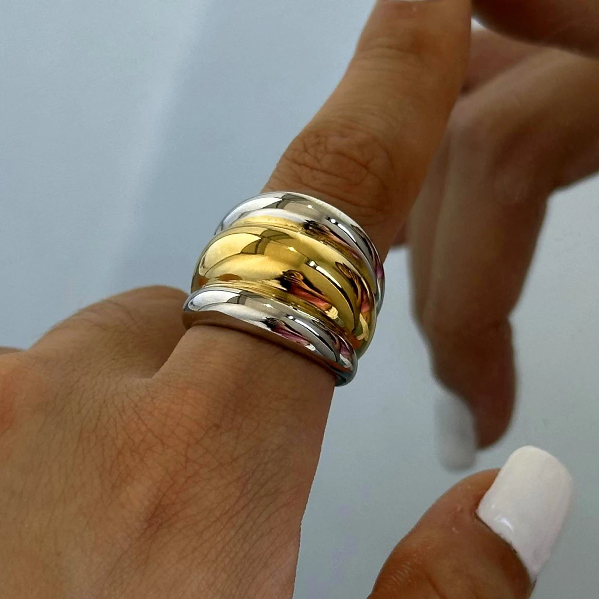 Uworld Stainless Steel Layered Metal Texture Ring Occident Simple Silver Gold Mixed Finger for Women Jewelry кольцо женское 2