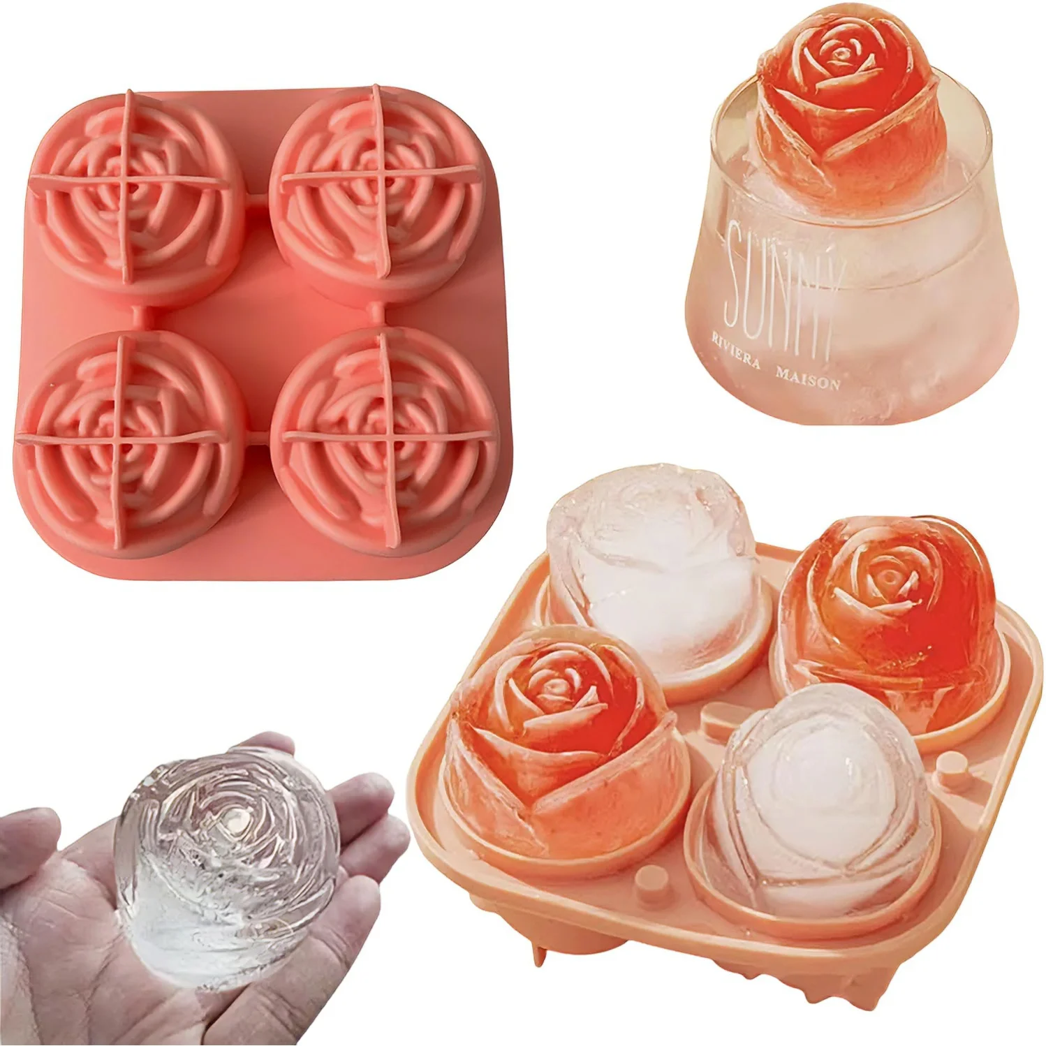 3D Rose Ice Cube Molds,Food Grade Silicone,4 Cavities Per Tray,Fun Shaped Frozen Tray,Slow Melting Ice for Whiskey,Cocktails 1