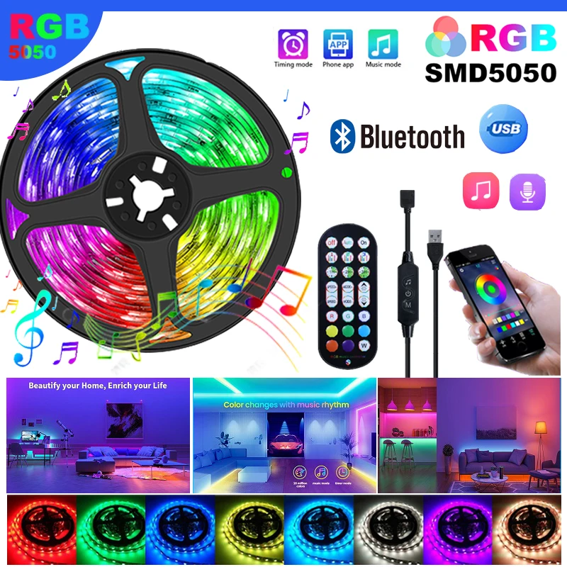 Светодиодная ленсветильник RGB 5 В, управление через приложение, изменение цвета, с пультом ДУ 24 клавиши, режим 5050 для украшения комнаты, Bluetooth, ТВ, фон