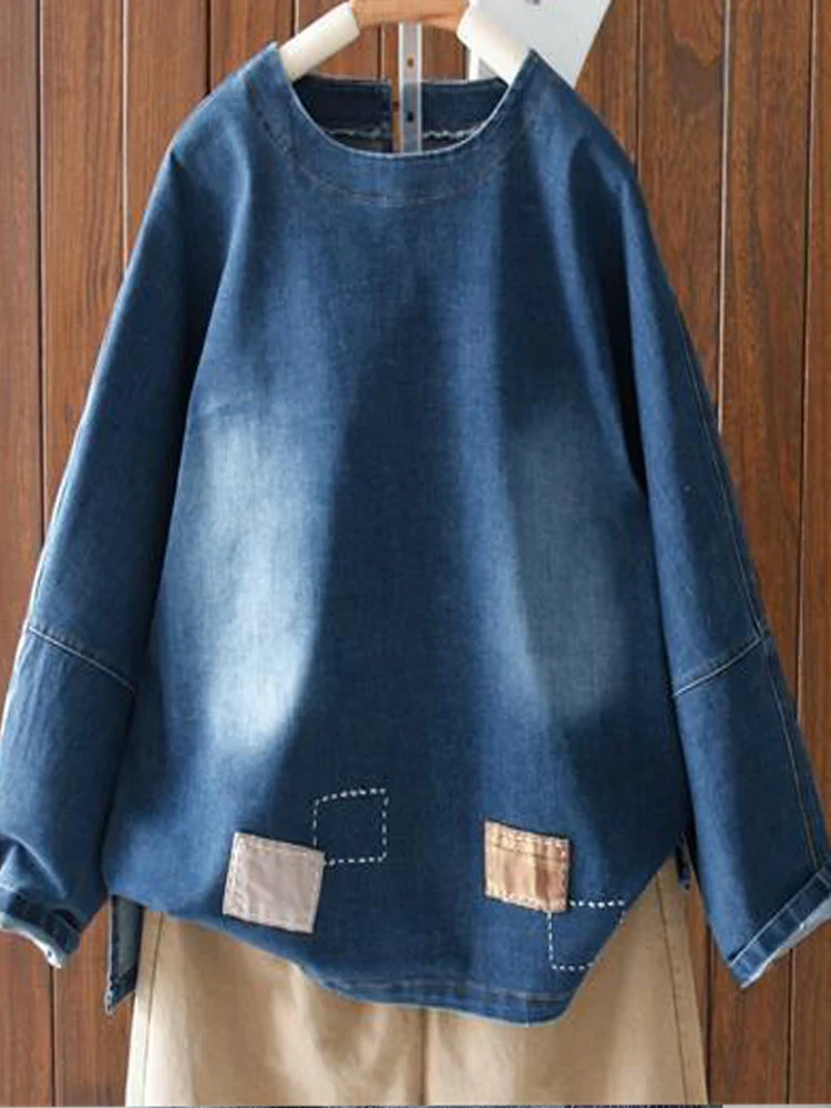 

Woman Ethnic Retro Patch Cotton Long-sleeved Denim T-shirt Ladies Loose Round Neck Pullover New Autumn Oversized Top Sweatshirts