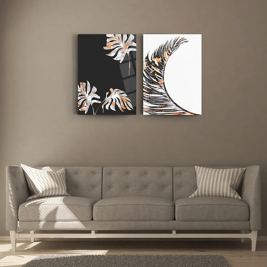 

Gray Leaves Set Of 2, Glass Wall Art,Frameless Free Floating Tempered Glass Panel,Home Office Living Room Decoration,