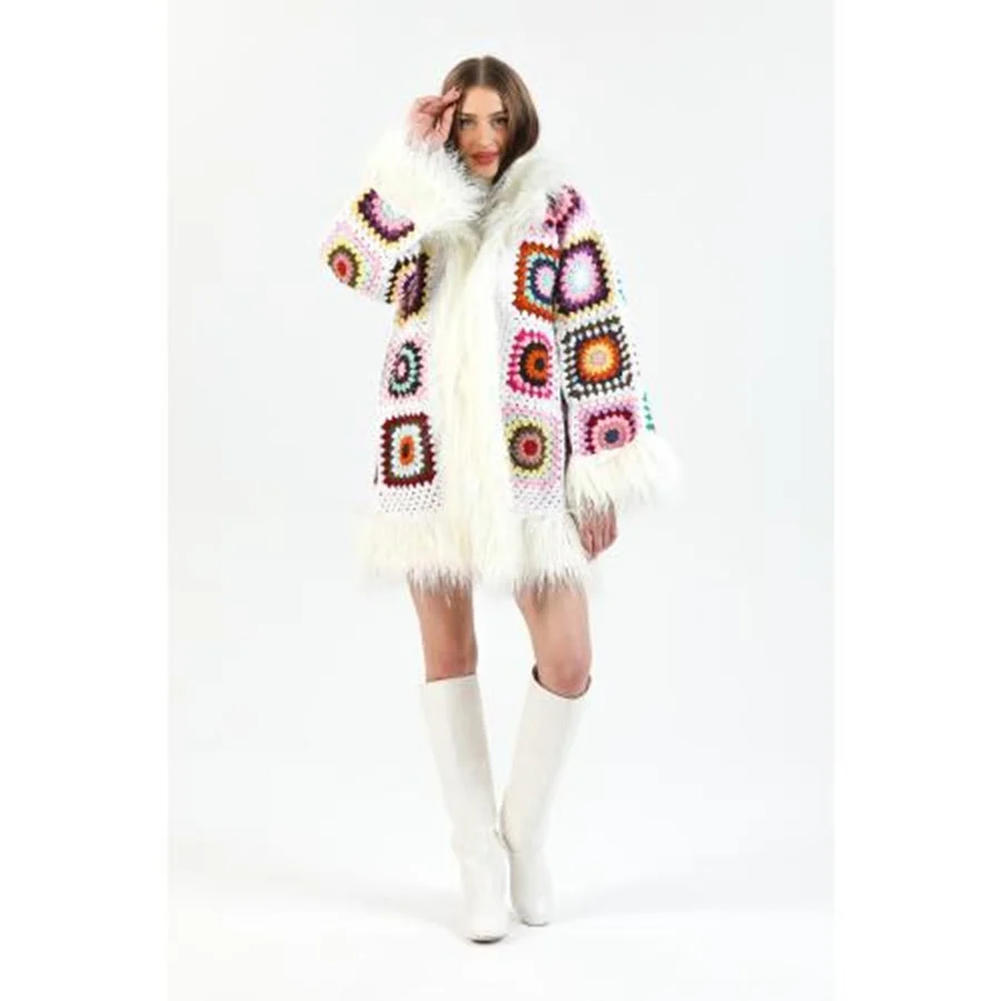 

DesingONB Vegan Wool Leather Faux Fur Embroidered Coat - Multicolored Women's Clothing Made in Turkey