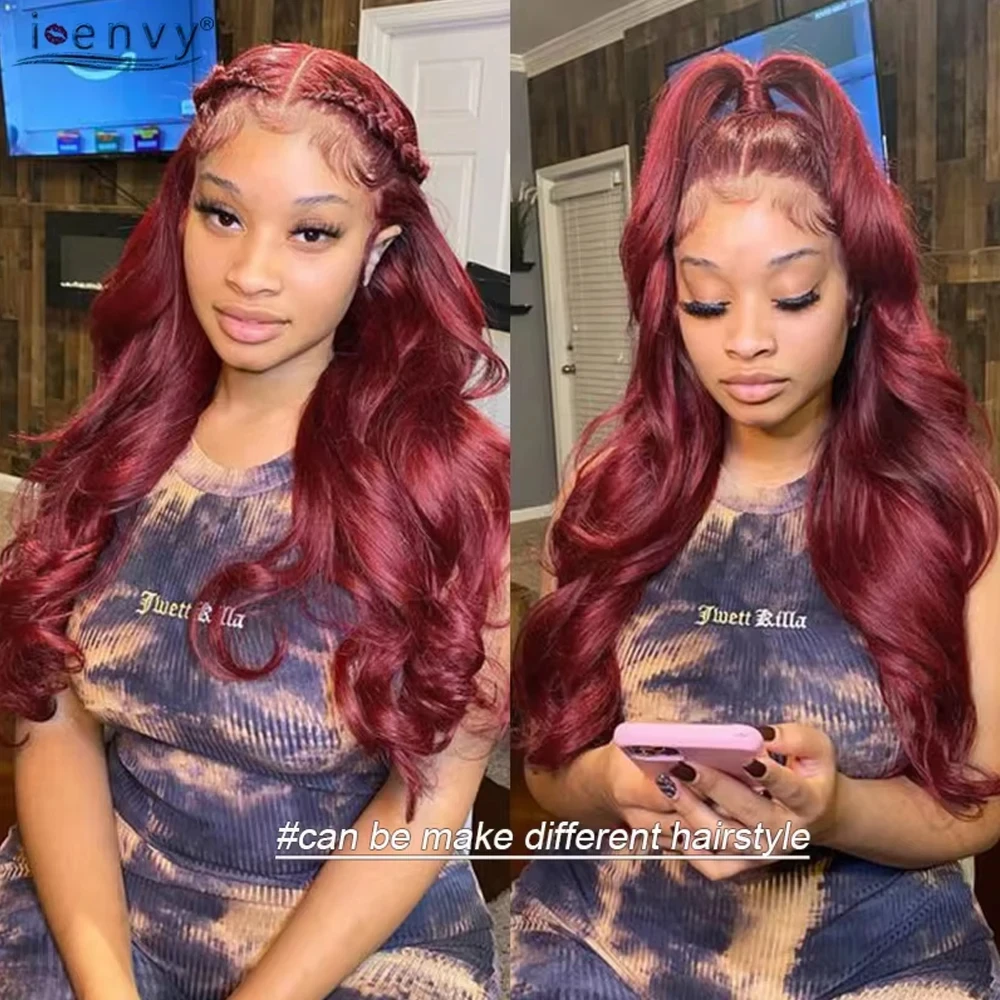 99J Invisible-Strap 360 Full Lace Wig Human Hair Pre Plucked Body Wave 36 Inches 250 Density Burgundy HD 360 Lace Frontal Wig