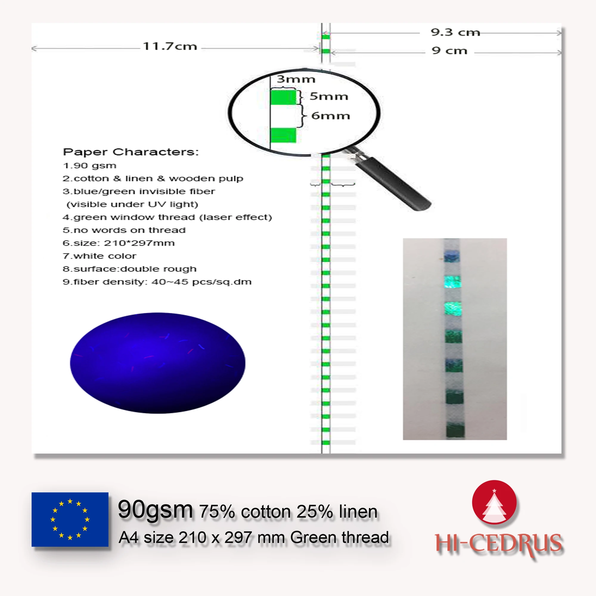 90gsm 75% 면25% 린넨 종이 A4 210*297mm 흰색 UV 보이지 않는 섬유 녹색 실 포함 100매 GCYT019