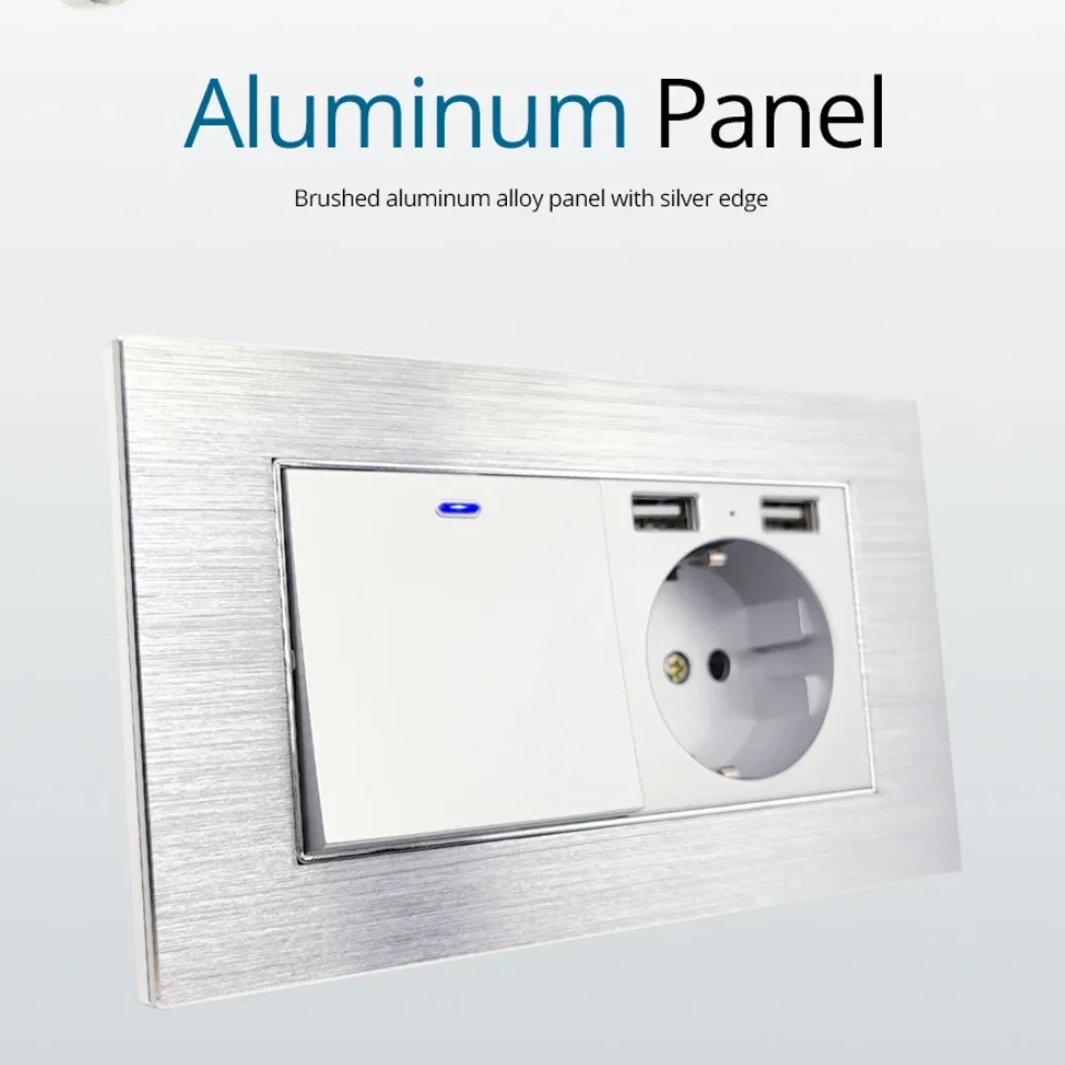 Brushed Silver Push ปุ่มสวิทช์ Illuminated Modular สวิทช์ไฟฟ้าอลูมิเนียมแผ่นสีเทาสวิทช์ภาษาฝรั่งเศสคํายุโรป Wall Socket 1