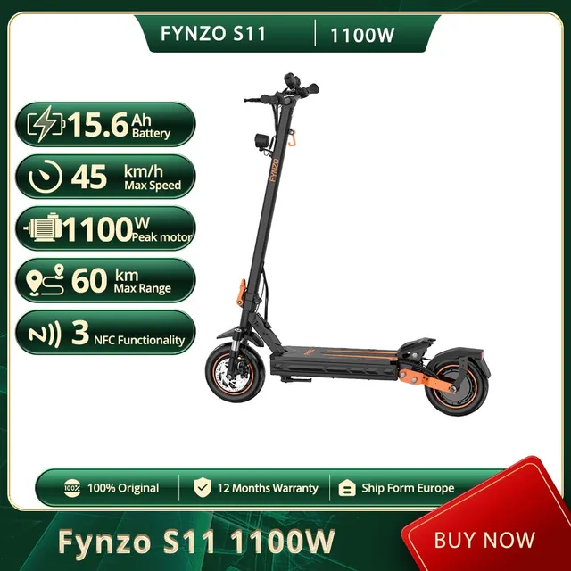 Trottinette électrique pliable NFC Fynzo S11 1100W 15.6Ah Vitesse maximale 45 km/h Double suspension Pneus tubeless 10 pouces Autonomie 60 km Fourche de suspension avant 1
