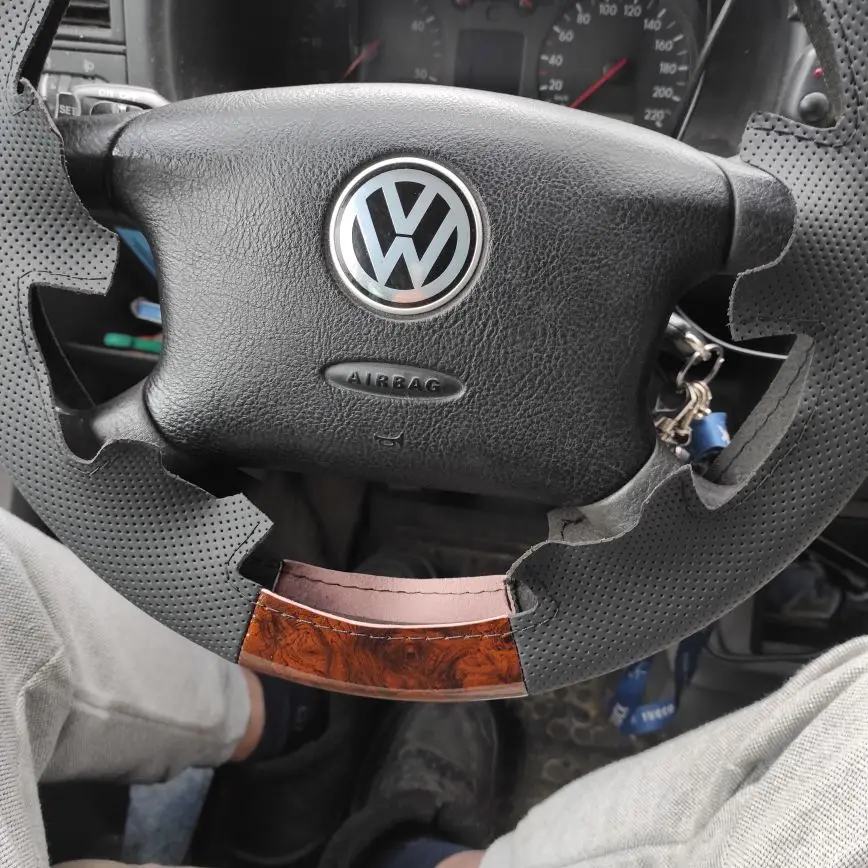 Genuine Leather Steering Wheel Cover For VW Transporter T4 - Black Perforated With Red Stitching