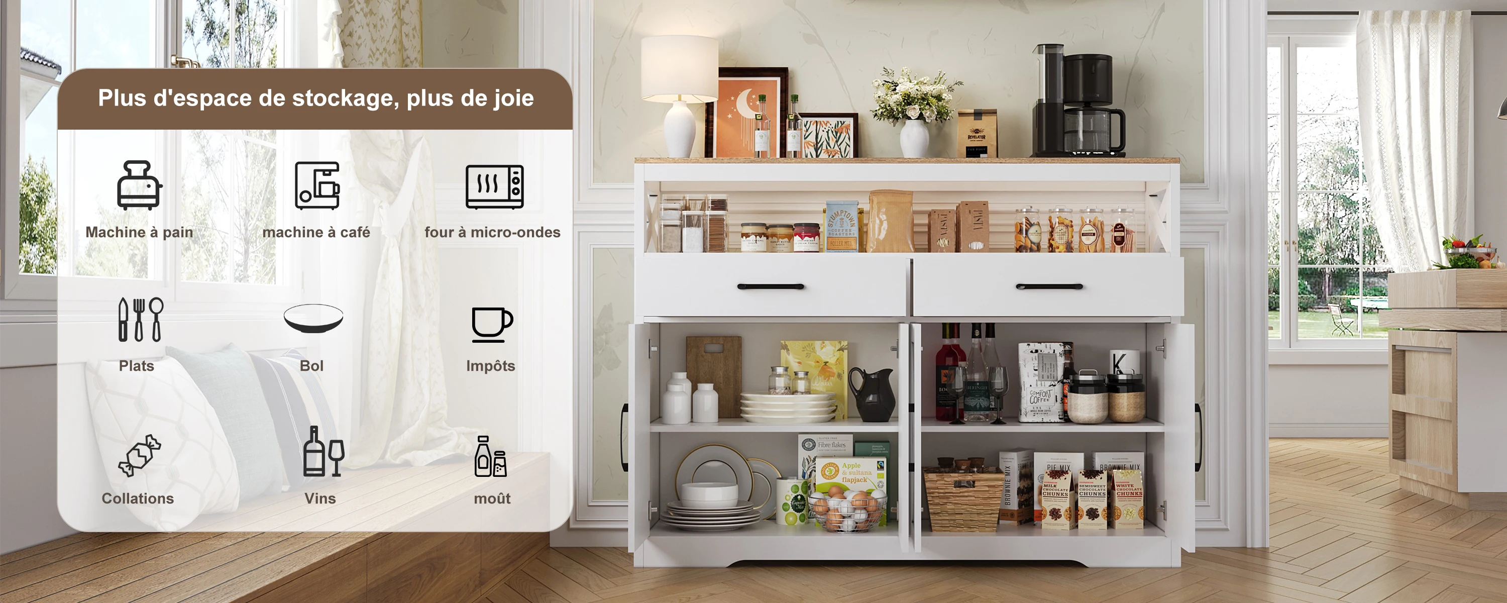Buffet aus weißem und hout. Küchenschrank mit Schublade, Esszimmer-Küchenmöbel. Buffetschrank mit Aufbewahrungsschranktür – Detail 4