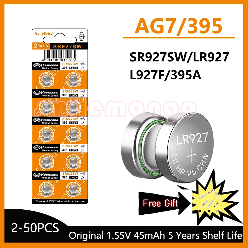 

2-50PCS 1.55V 45mAh AG7 Alkaline Coin Cell LR927 LR57 SR927W 399 GR927 395A Battery Button Batteries For Watch Toys Remote Cell