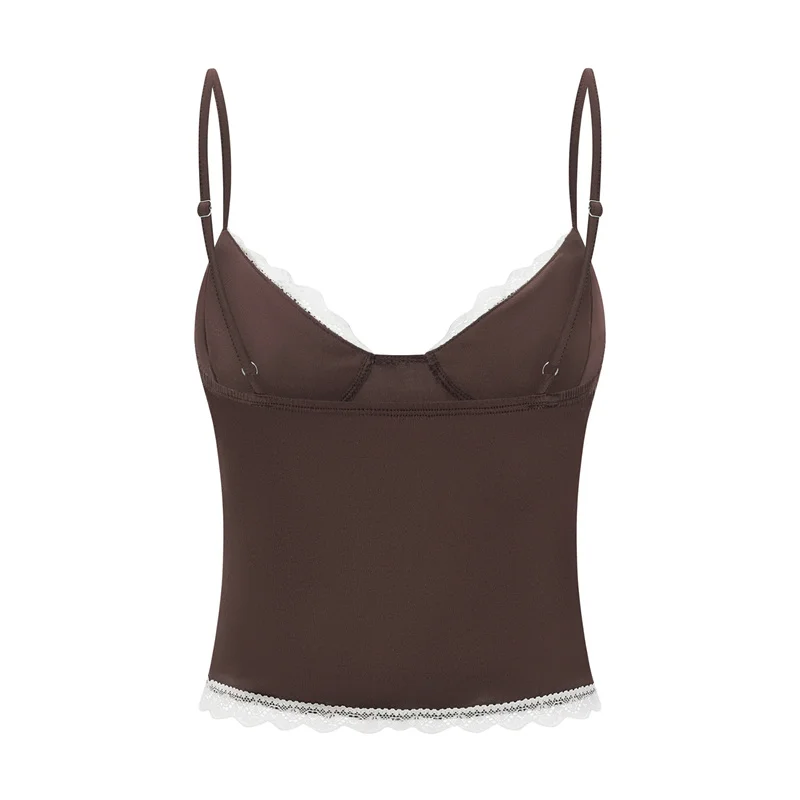 y2k Lace Trim Crop Top Women Summer Sexy V Neck Spaghetti Strap Sleeveless Tanks with Bow 2000s Clothing Streetwear