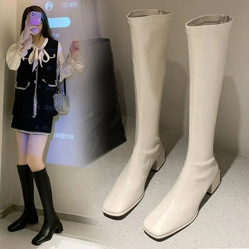 

Облегающие Женские рыцарские сапоги до колена на квадратном каблуке 6 см, женские модные мягкие кожаные зимние длинные сапоги на молнии, обувь для женщин 2023