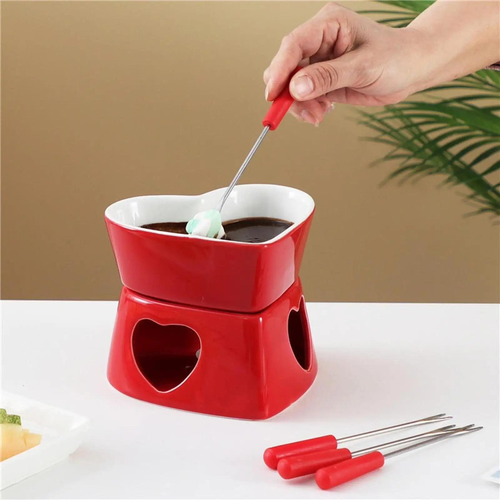 Pottery Fire Boiler Bowl Warmer DIY Crafting Ornament with 4 Forks Butter Mini Fondue Pot for Valentines Day Kitchen Home