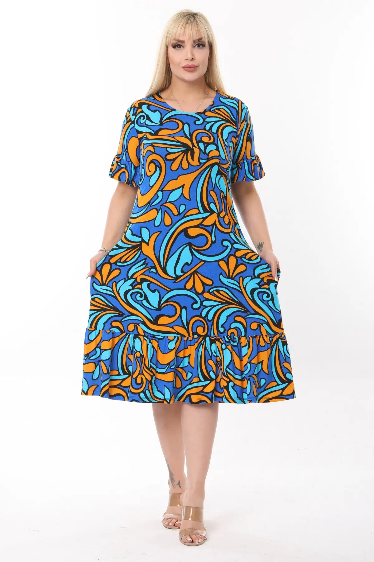 

Plus Size Women Plus Size Sleeves And Skirt Frilly Turquoise Jungle Pattern Pocket Dress Lycra Viscose Daily Trend Stylish