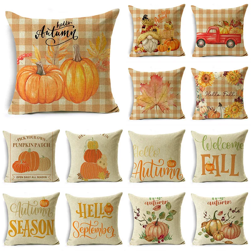 

TFAN Pumpkin Car Autumn Linen Pillowcase Maple Leaves for Sofa Bedroom Cushion Cover Decor 40cm 45cm 50cm Multiple Sizes