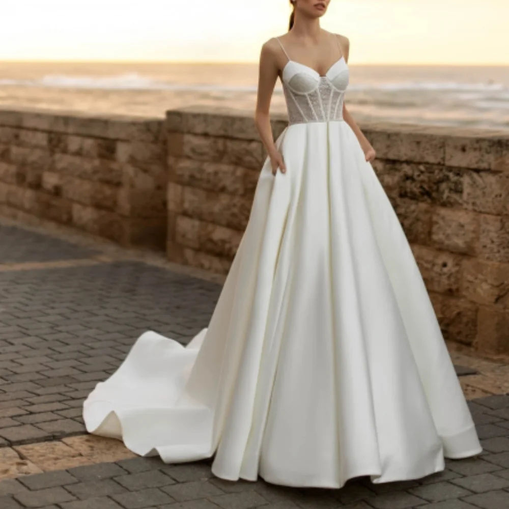 

Elegant A-Line Wedding Dresses V-Neck Sleeveless Bride Gowns Simple Satin Bridal Dress Vestidos De Noiva