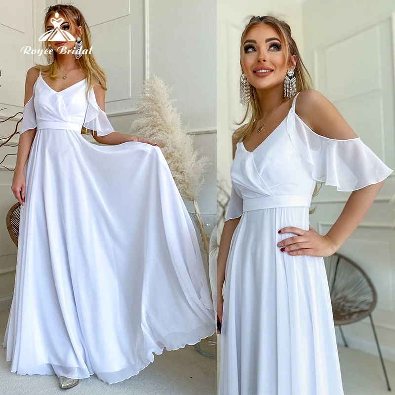 

Simple Boho V-neck Sexy Spaghetti Straps High Waist Pleat A Line Wedding Dress Chiffon Bridal Gowns Sweep vestido de noiva robe