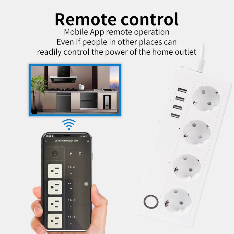 SIXWGH Tuya 스마트 연장 코드 소켓 WiFi EU 플러그 콘센트 전력 모니터링 타이밍 4 USB 충전 포트 Google 홈 Alexa