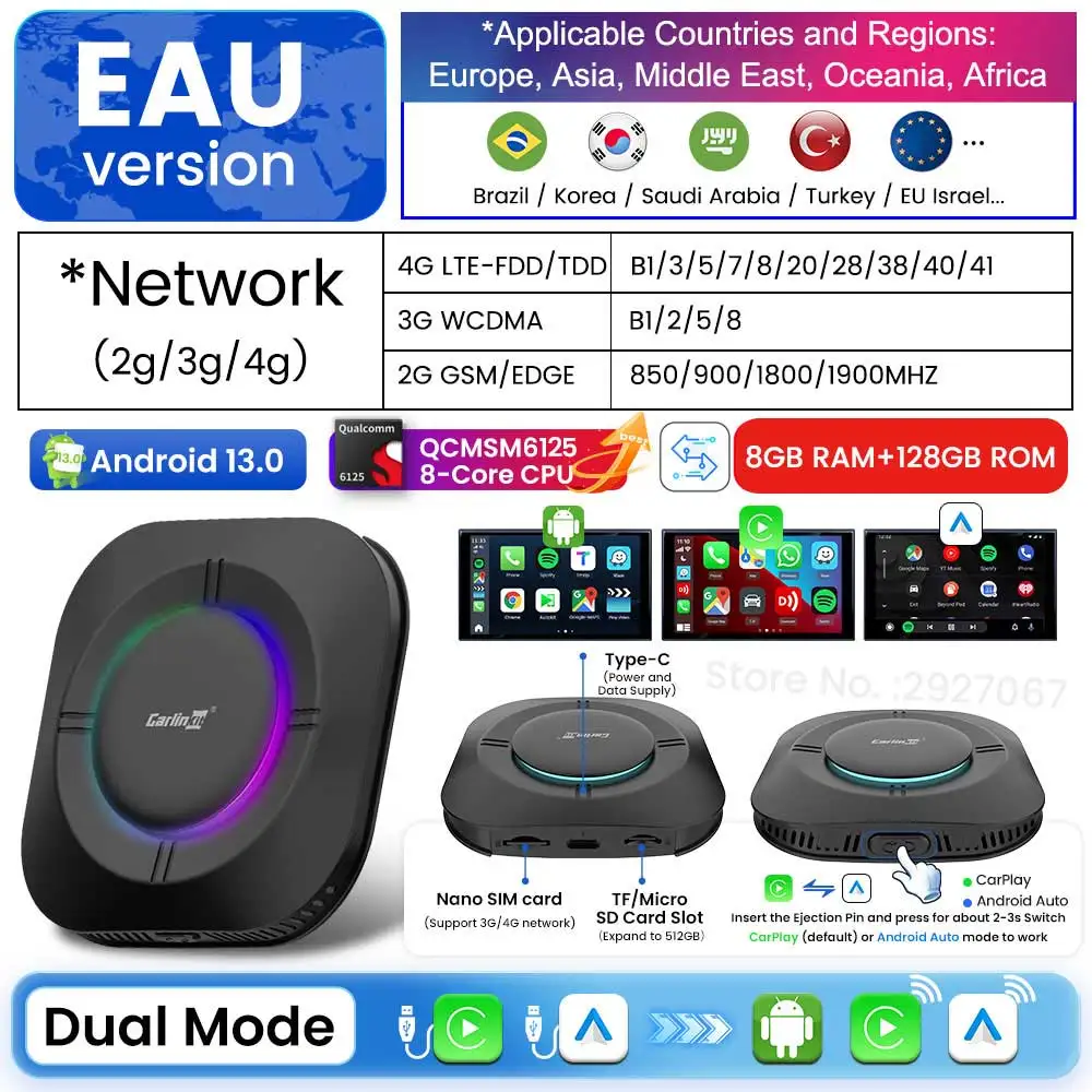 CarlinKit Android 13 CarPlay Ai Box SM6115 8 Cores Android TV Box للسيارة اللاسلكية تشغيل Android Auto Online Video 4GLTE WiFi