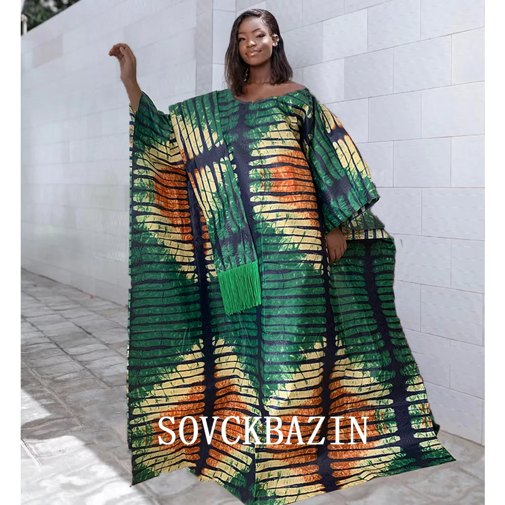 

African Basin Dress With Scarf Shawl Printing Riche Bazin Nigerian Traditional Wedding Party Dashiki Robe For Women Dresses