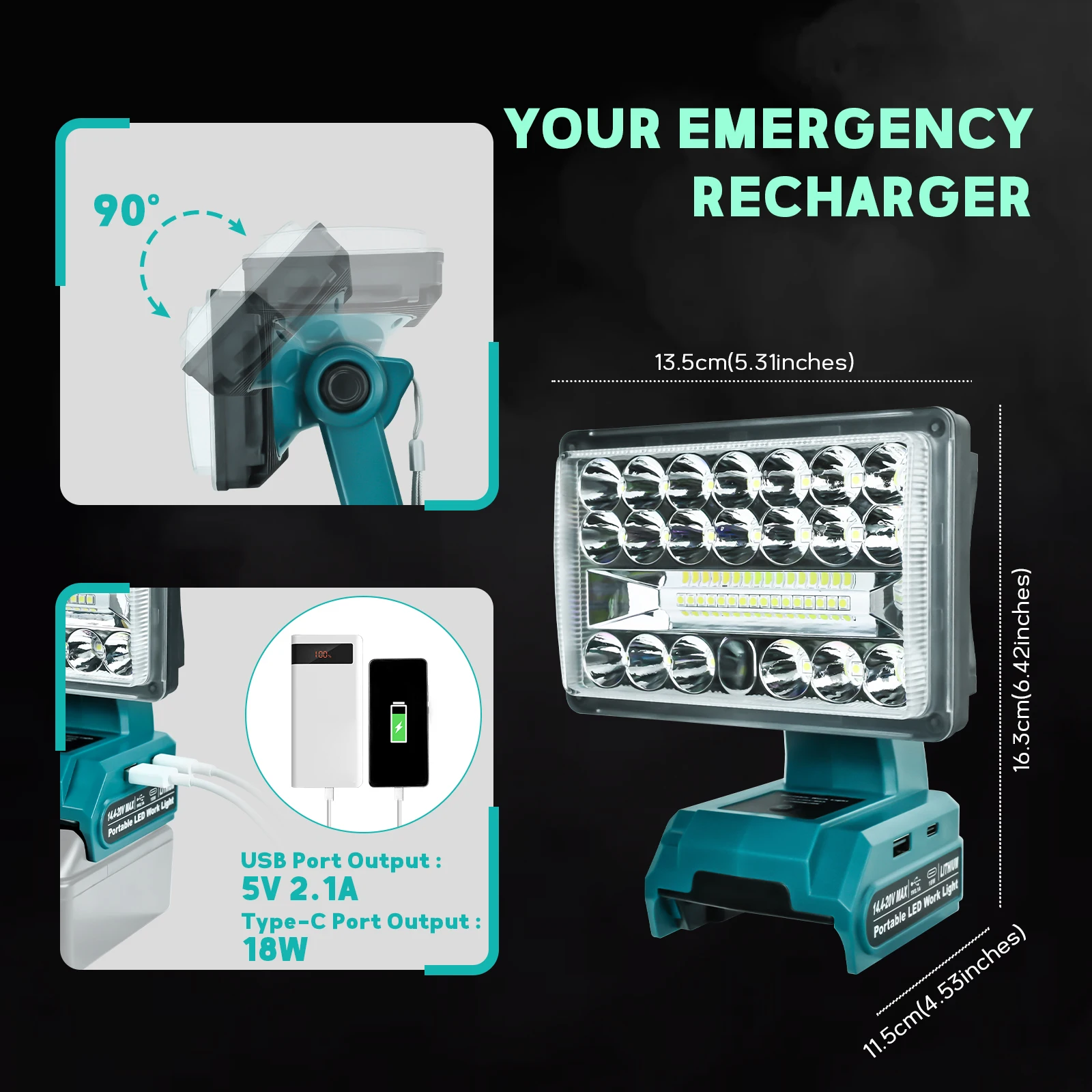 Camping Light Portable Lanterns Camping Lamp Camping Lantern Portable Work Lights Portable Work Light 28W 2000LM LED Work Light for Makita 14.4-20V Li-ion Battery Lamp Flashlight Outdoor Emergency Lighting with USB Type-C Port