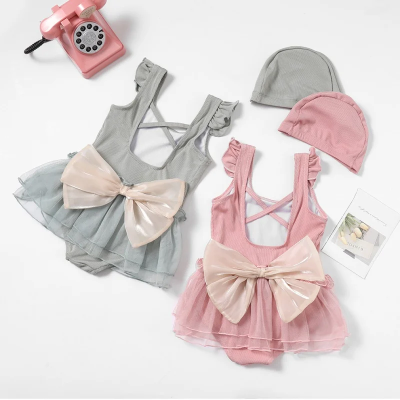One Piece Style Kids Girl Swimwear Hat Set Fashion Sweet Solid Color Bow Swimsuit for Little Girl Summer Soft Baby Swimwear 1