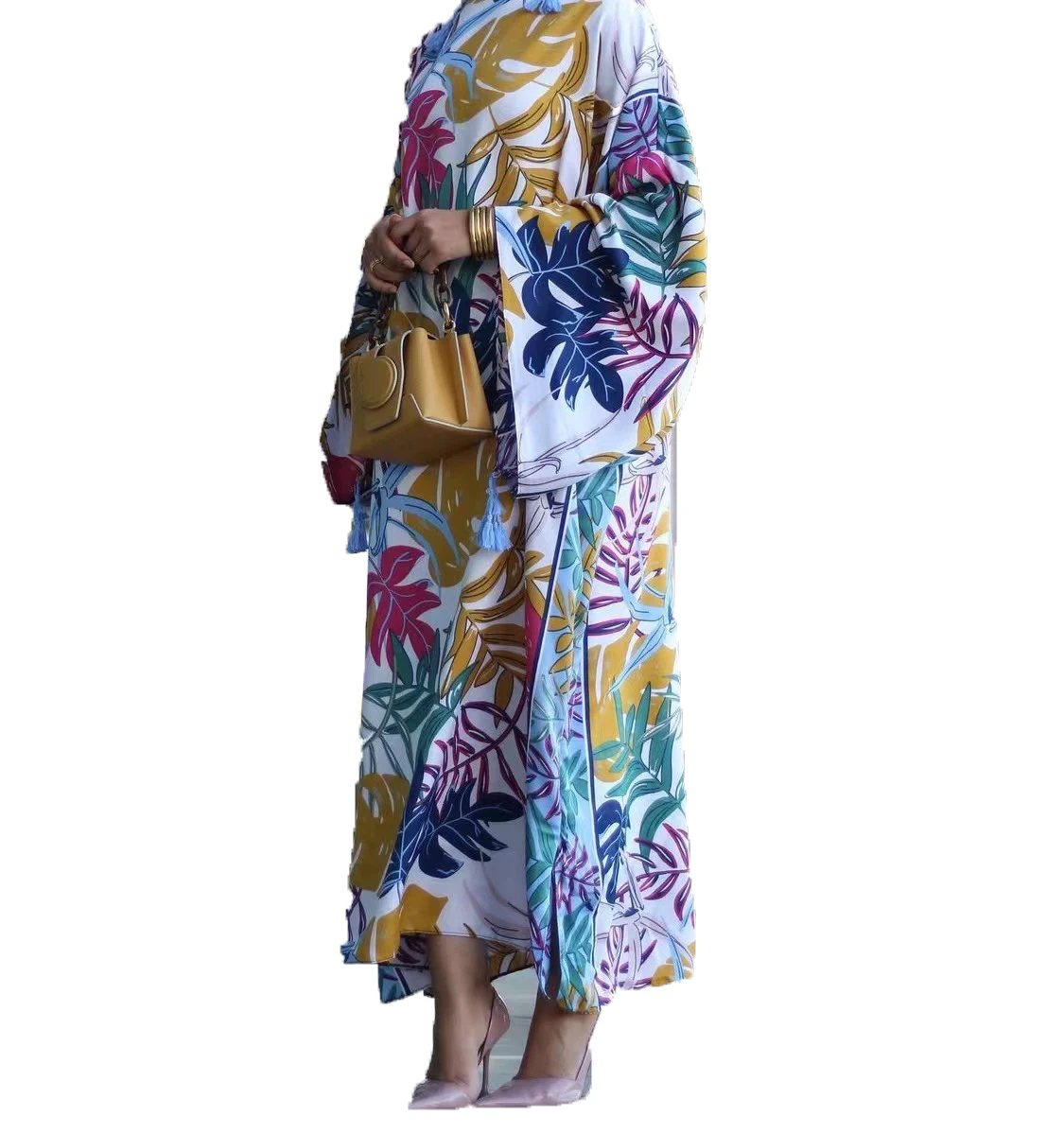 Middle East Traditional Fashion Floral Autumn Winter Muslim Women Causal Long Sleeve Kaftan Maxi Dress Turkey Ramadan CLothing