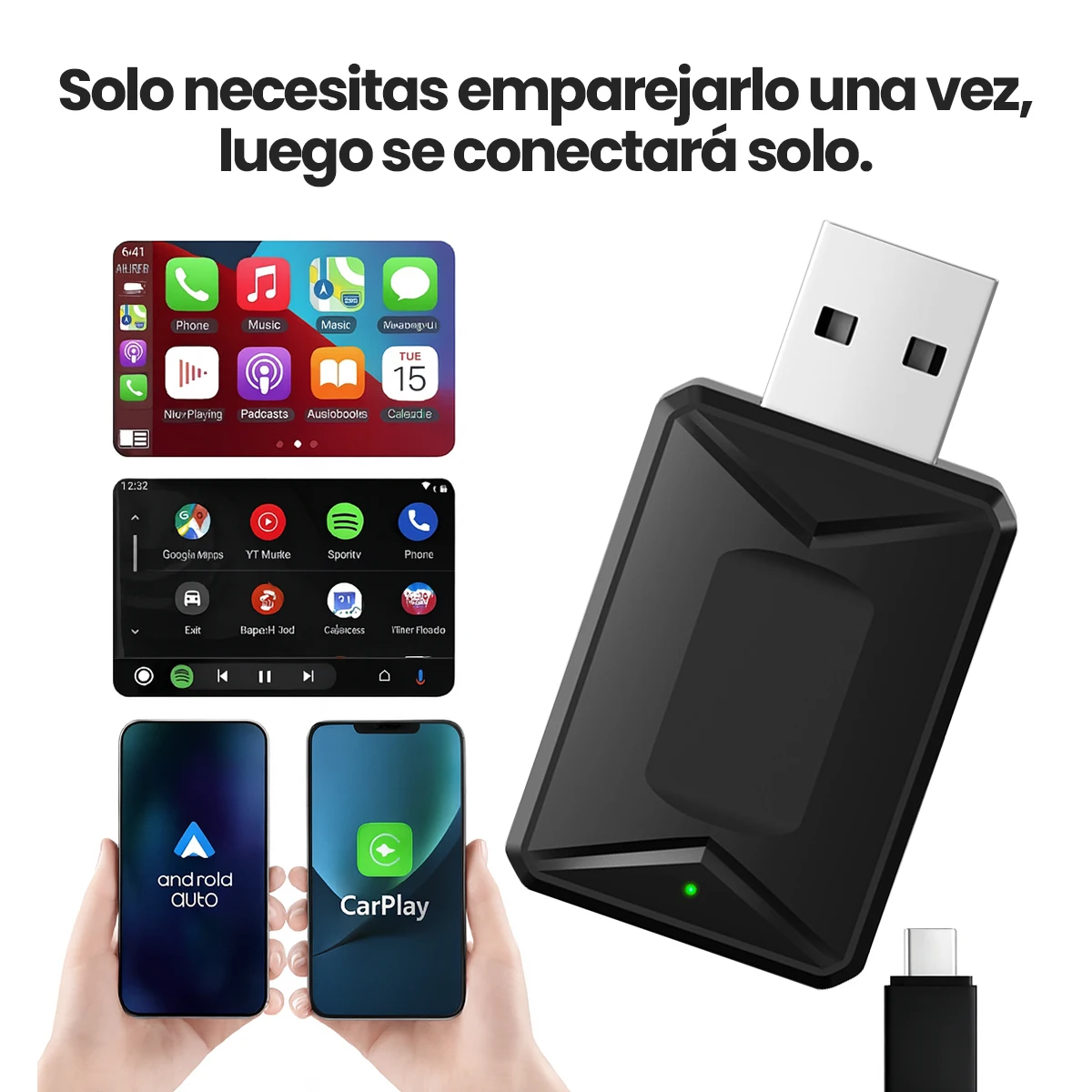 1 Unidad Adaptador Inalámbrico 2 en 1, Convertidor para CarPlay y Android Auto, Conexión Estable y Plug & Play, Ideal para Automóviles