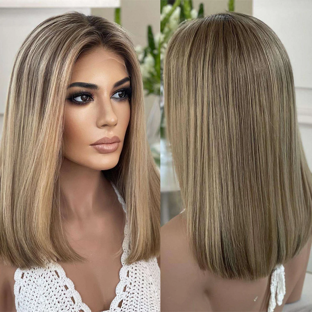 

Hot Sale Unprocessed Virgin Brazilian Human Hair Lace Front Wig Straight Highlight Ombre Brown Blonde HD Full Lace Wig For Women
