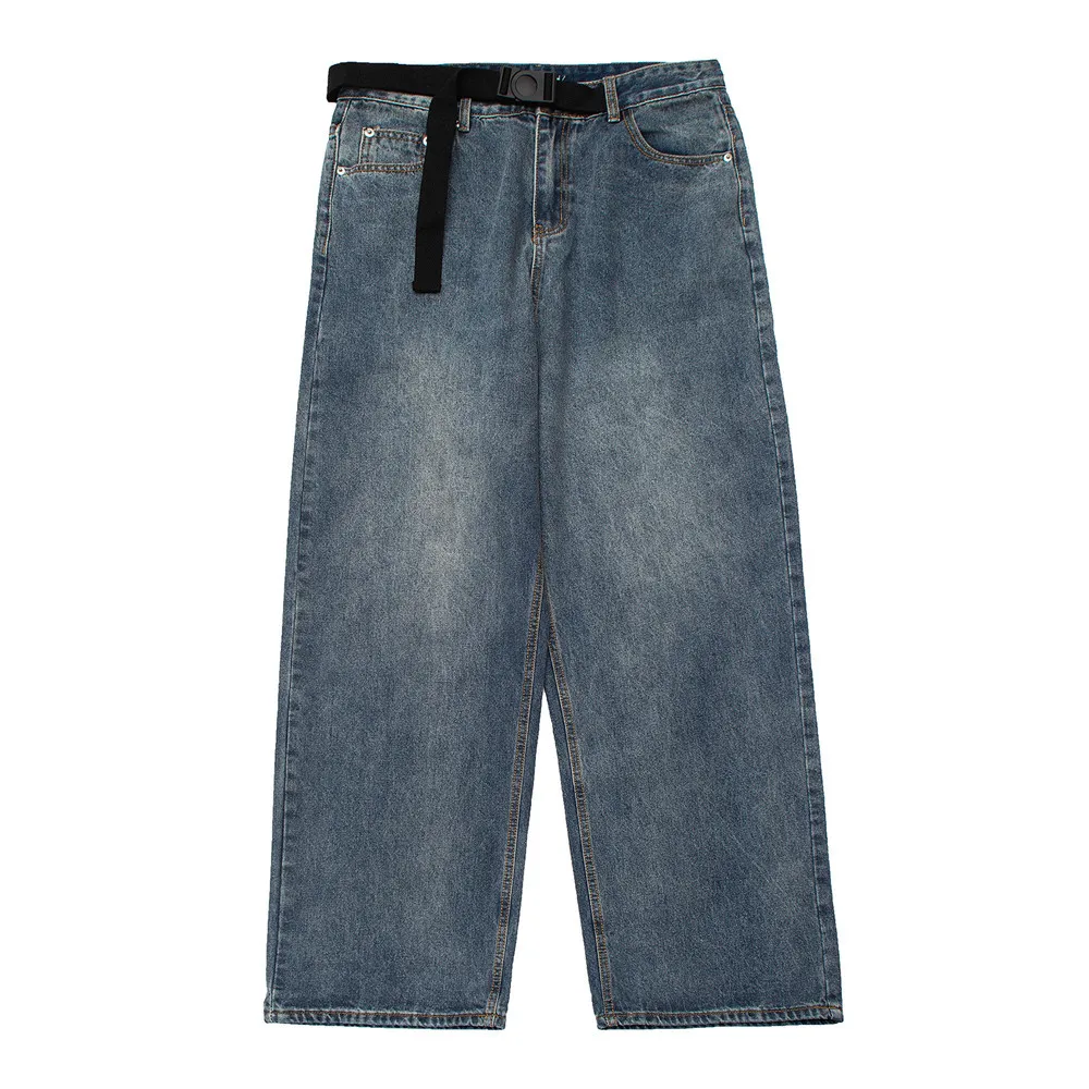 

American Retro High Street Style Straight Jeans with Belt Casual Loose Denim Trousers New Wide-leg Simple Baggy Pants For Men