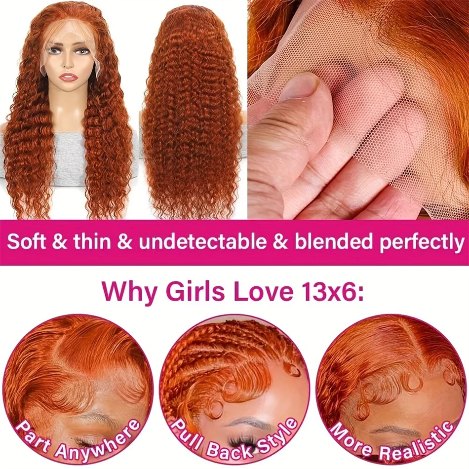 200 Density Ginger Orange Curly 13x4 HD Lace Frontal Human Remy Hair Colored Transparent Deep Wave 13x6 Lace Front Wig For Women 6