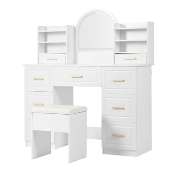 Toeletta con specchio, illuminazione LED, 9 cassetti, bianco, per soggiorno o camera da letto, 120x40 x cm, con sgabello 1
