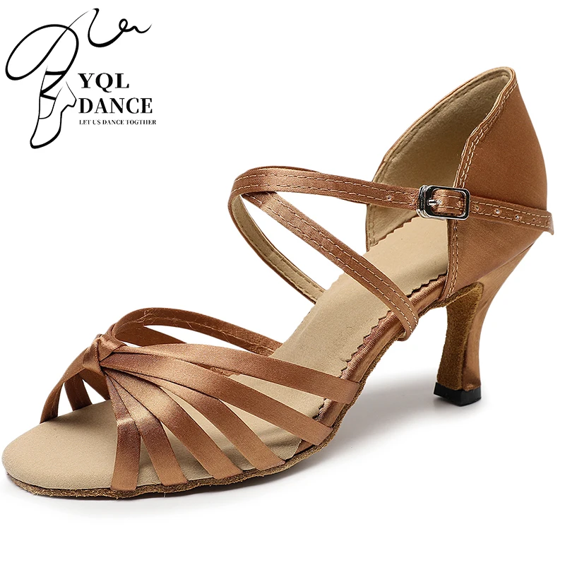 

Woman Bronze Stain Latin Dance Shoes Woman Cross Strap Ballroom Dance Heels Girls Suede Sole Dancing Heels Flare Heel 7.5cm/9cm