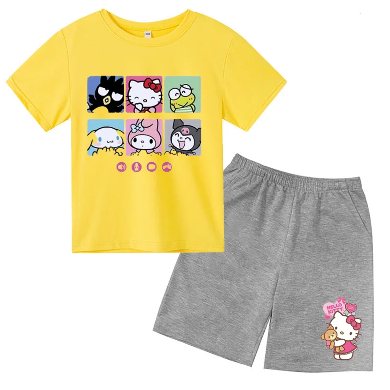 

hello kitty girl clothes Kids T-shirt Cartoon print Summer short sleeve clothes plus pants suit