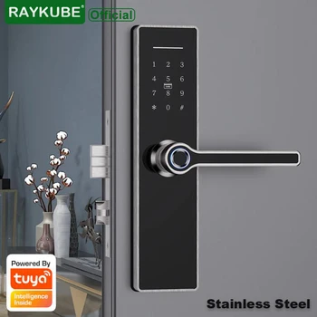 RAYKUBE Tuya Wifi 스마트 도어 잠금 지문 비밀 번호 13.56mhz 카드 열쇠가없는 잠금 해제 전면 핸들 304 스테인레스 스틸 X6