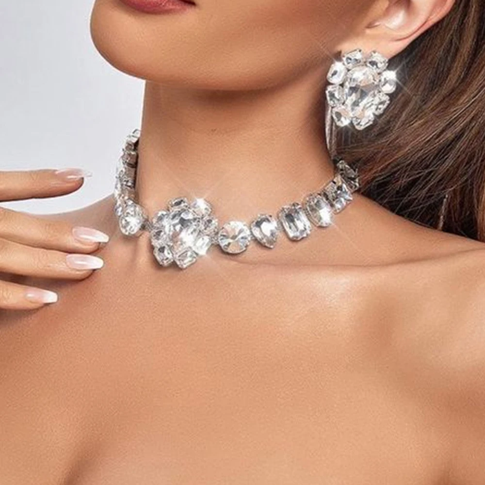 

Stonefans Elegant Geometric Necklace Earrings Set Free Shiping Items Fashion Show Bling Rhinestone Woman Jewelry Sets Girl Gift